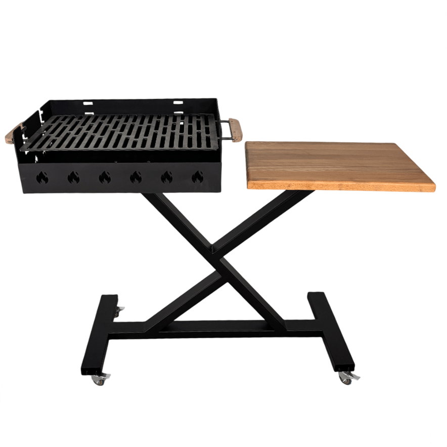 Gratar gradina portabil, premium, cu masa lucru, reglabil pe inaltime de gatire , din otel carbon, suport de lucru, pentru camping - BUZ.RO