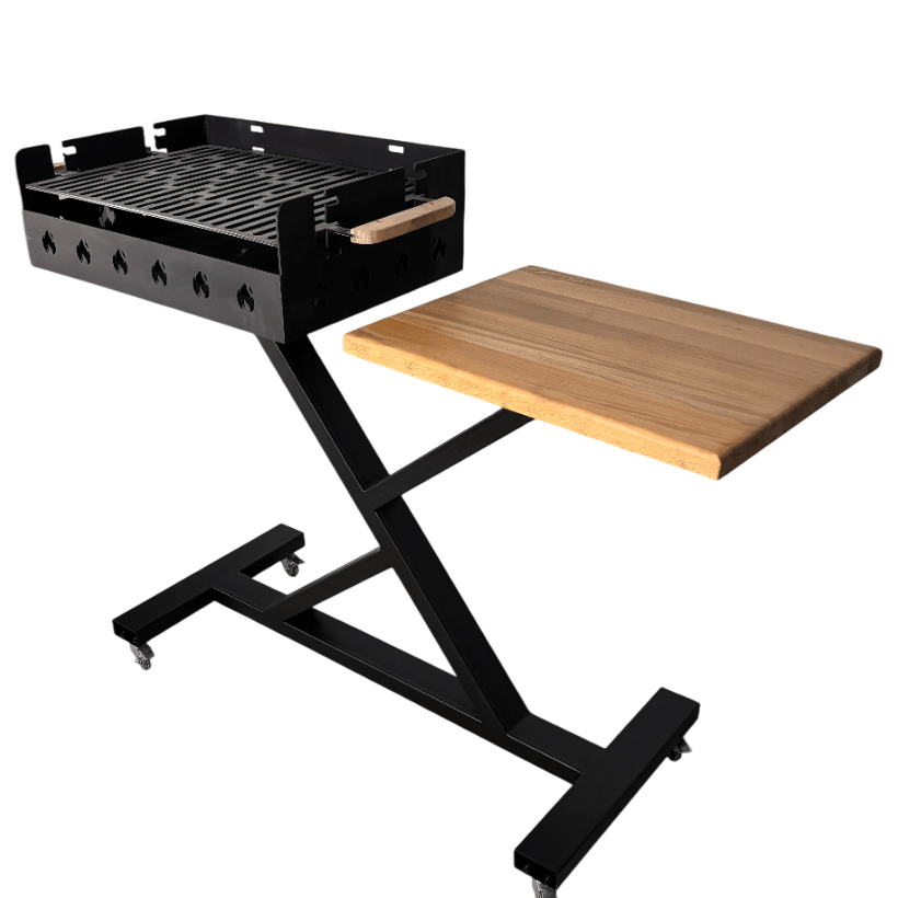 Gratar gradina portabil, premium, cu masa lucru, reglabil pe inaltime de gatire , din otel carbon, suport de lucru, pentru camping - BUZ.RO