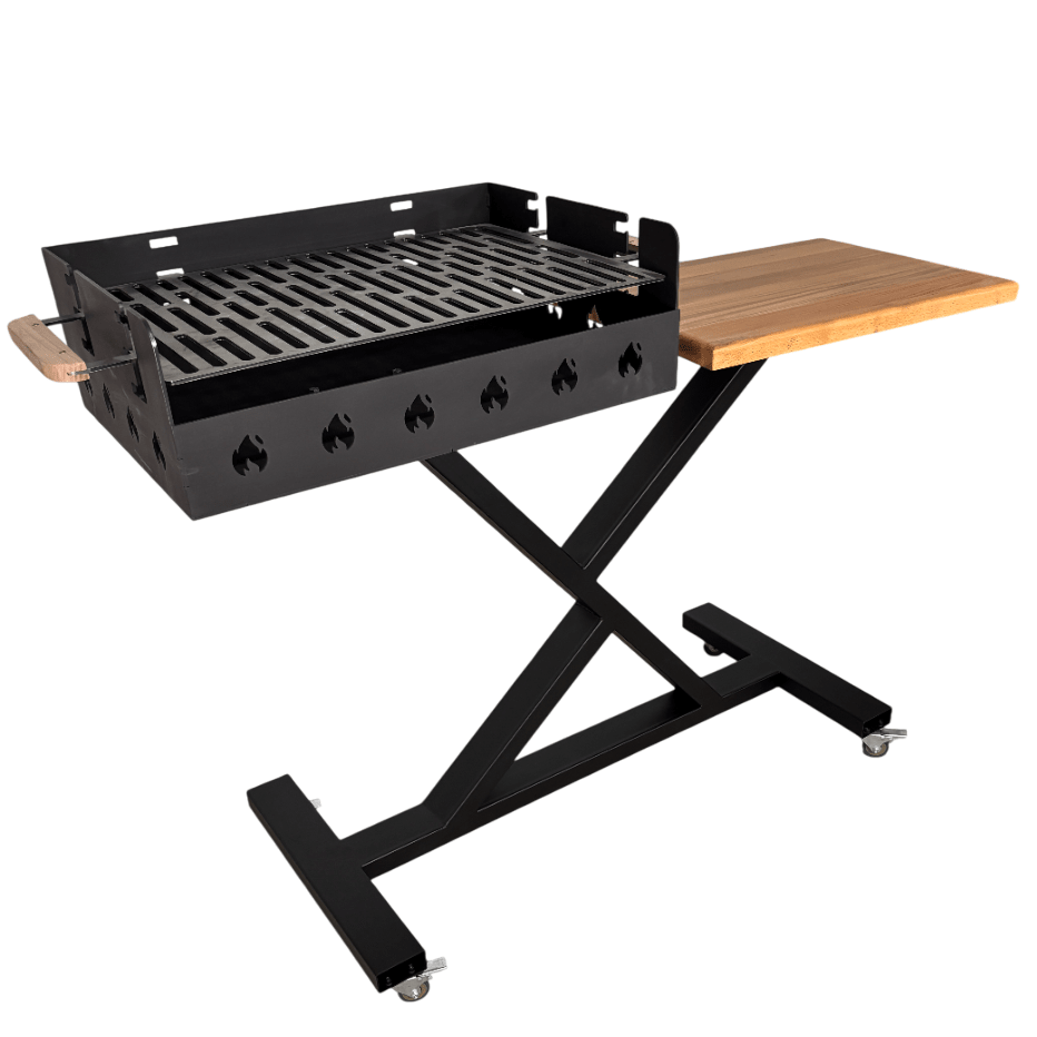Gratar gradina portabil, premium, cu masa lucru, reglabil pe inaltime de gatire , din otel carbon, suport de lucru, pentru camping - BUZ.RO