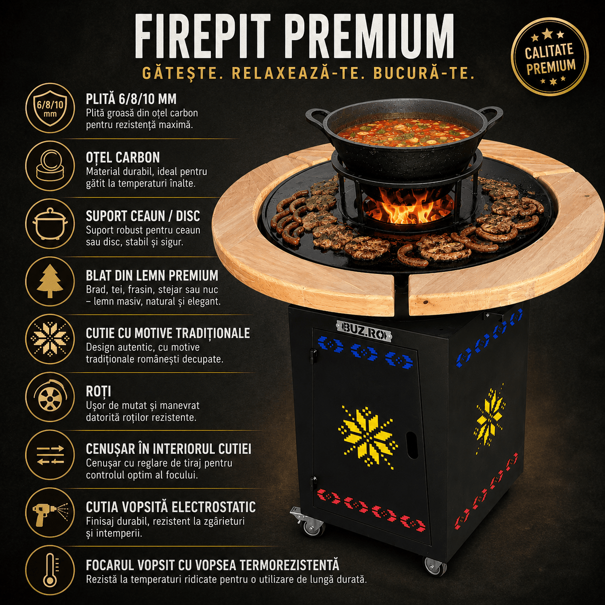 Gratar Gradina Rotund 107cm| plita 10 mm| Fire Pit din fier pe lemne|terasa blat LEMN MOTIVE TRADITIONALE - BUZ.RO