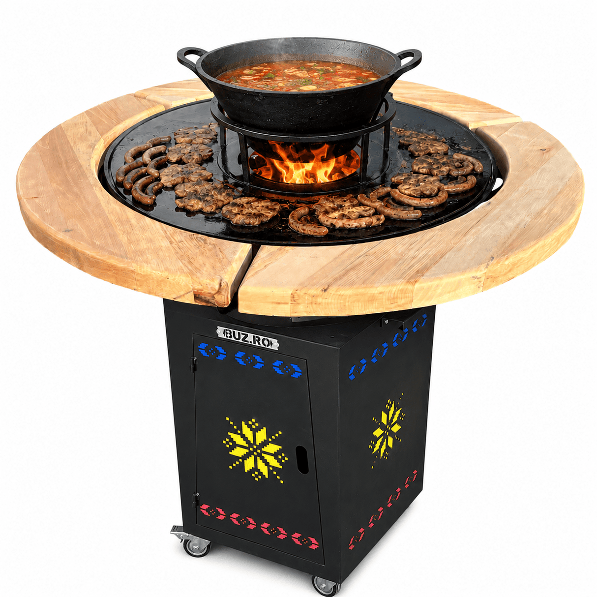 Gratar Gradina Rotund 107cm| plita 10 mm| Fire Pit din fier pe lemne|terasa blat LEMN MOTIVE TRADITIONALE - BUZ.RO