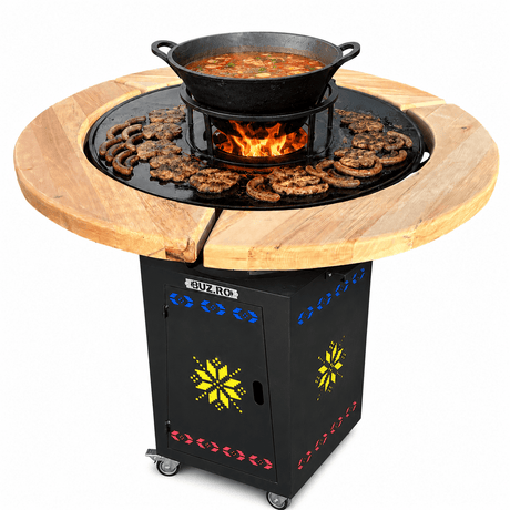 Gratar Gradina Rotund 107cm| plita 10 mm| Fire Pit din fier pe lemne|terasa blat LEMN MOTIVE TRADITIONALE - BUZ.RO