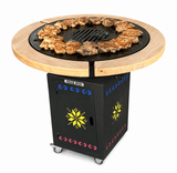 Gratar Gradina Rotund 107cm| plita 10 mm| Fire Pit din fier pe lemne|terasa blat LEMN MOTIVE TRADITIONALE - BUZ.RO