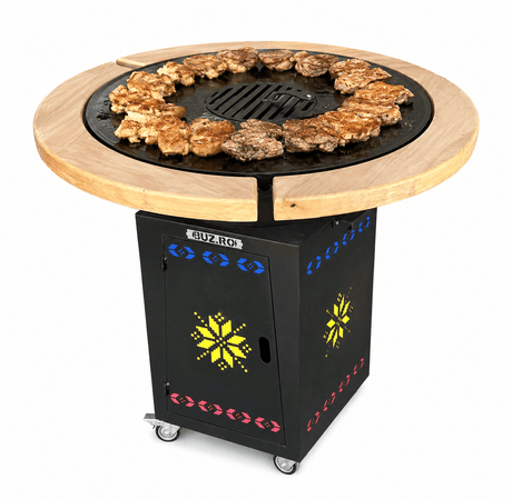 Gratar Gradina Rotund 107cm| plita 10 mm| Fire Pit din fier pe lemne|terasa blat LEMN MOTIVE TRADITIONALE - BUZ.RO