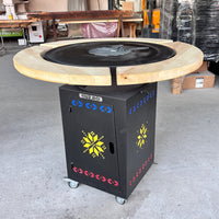 Gratar Gradina  Rotund   plita 10 mm Fire Pit 73 cm din fier  pe lemne, pentru terasa, blat LEMN SI MOTIVE TRADITIONALE