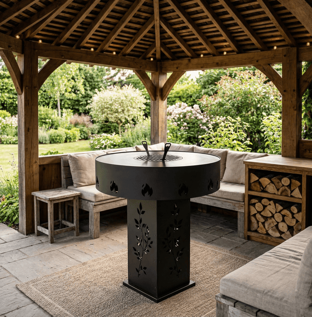 Gratar Gradina Rotund plita 10 mm Fire Pit 73 cm din fier pe lemne, pentru terasa, modelul floare - BUZ.RO