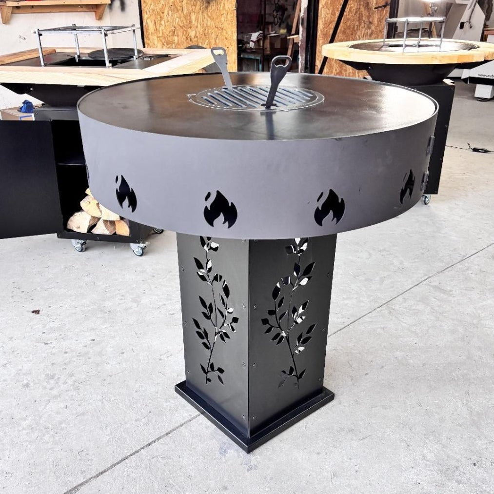 Gratar Gradina Rotund plita 10 mm Fire Pit 73 cm din fier pe lemne, pentru terasa, modelul floare - BUZ.RO