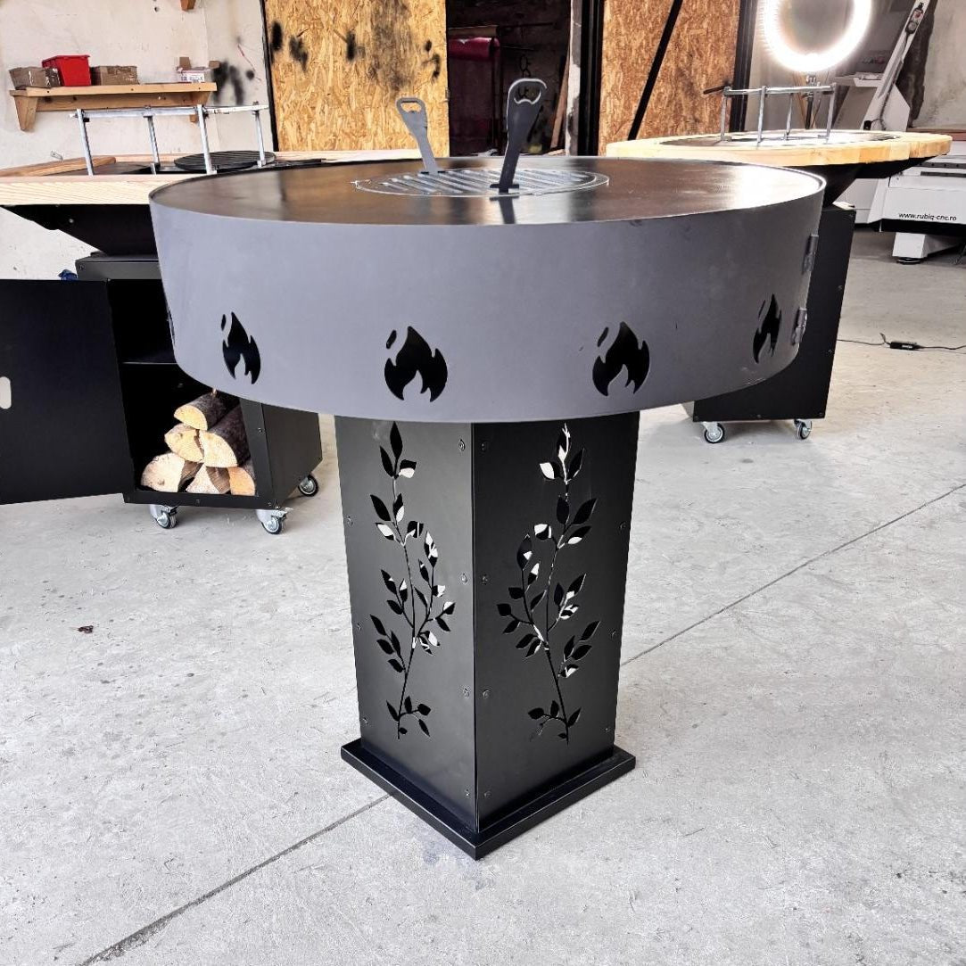 Gratar Gradina Rotund plita 10 mm Fire Pit 73 cm din fier pe lemne, pentru terasa, modelul floare - BUZ.RO