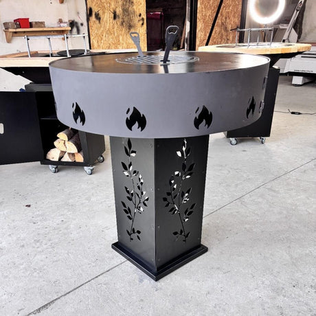 Gratar Gradina Rotund plita 10 mm Fire Pit 73 cm din fier pe lemne, pentru terasa, modelul floare - BUZ.RO