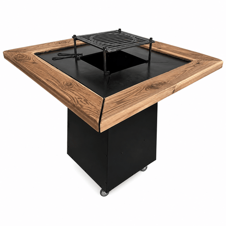 Gratar Gradina si Curte | Plita Otel 75x75 cm | 4in1 | Plita 8-10mm |Mobil pe Roti | Inaltator Ceaun Inclus - BUZ.RO