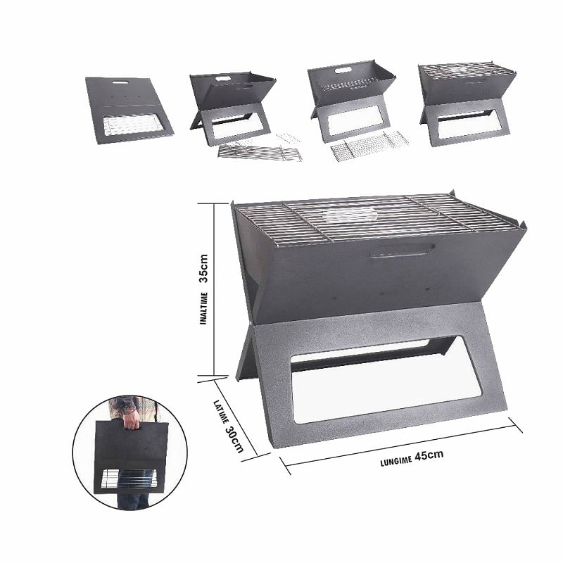 Gratar de gradina si portabil, slim, negru, dimensiuni 45x30x35cm