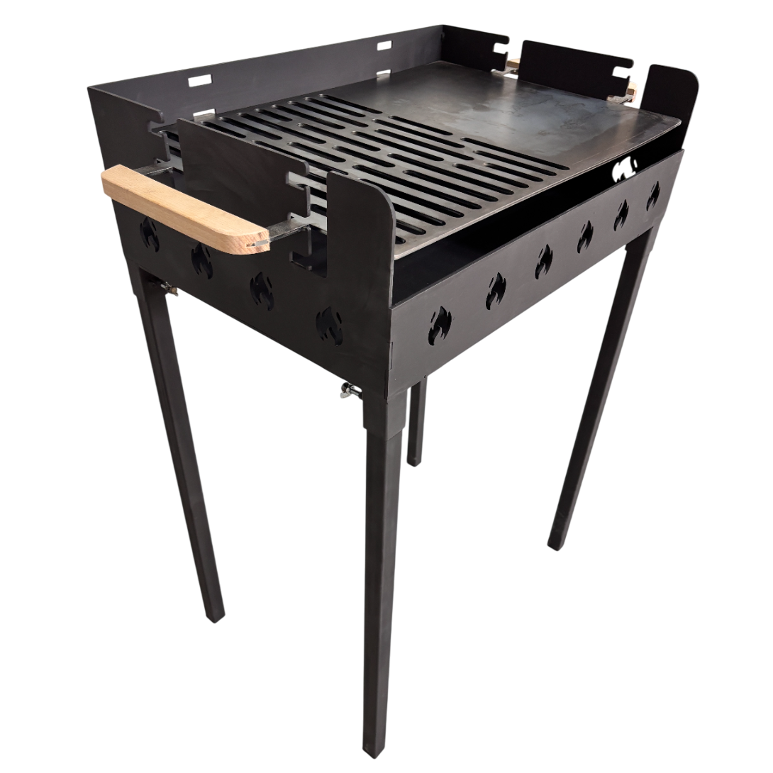 Gratar portabil+ plita, reglabil pe inaltime de gatire , din otel carbon, pentru camping, gradina, 65X45X95 CM