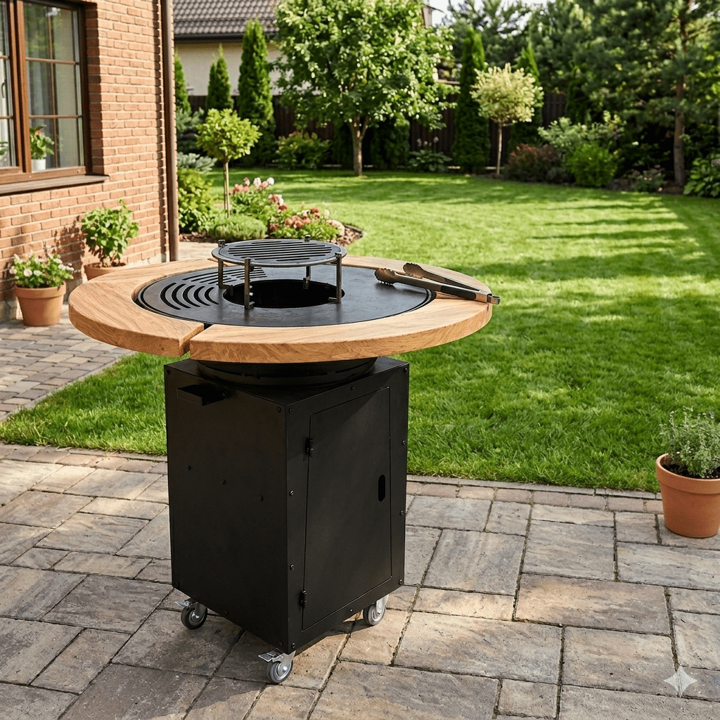 Gratar Rotund de gradina 107cm diametru Plita 75 cm fire pit cu Tiraj reglabil si sertar cenusa, debitat extra - BUZ.RO