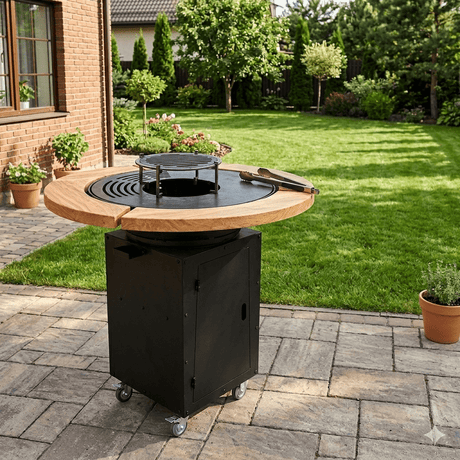 Gratar Rotund de gradina 107cm diametru Plita 75 cm fire pit cu Tiraj reglabil si sertar cenusa, debitat extra - BUZ.RO