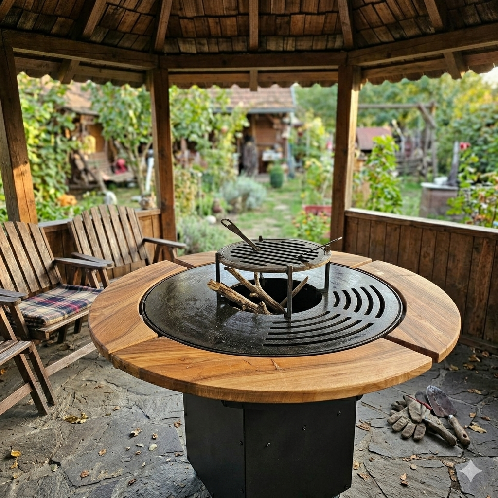 Gratar Rotund de gradina 107cm diametru Plita 75 cm fire pit cu Tiraj reglabil si sertar cenusa, debitat extra - BUZ.RO