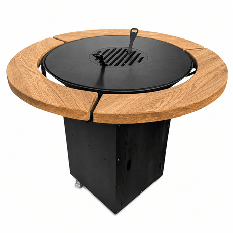 Gratar Rotund de gradina 107cm| plita 75 cm| fire pit cu Plita rotunda 8/10 mm, reglare Tiraj si sertar Cenusa inclus - BUZ.RO