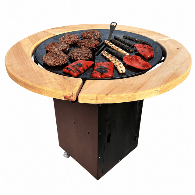 Gratar Rotund de gradina 107cm| plita 75 cm| fire pit cu Plita rotunda 8/10 mm, reglare Tiraj si sertar Cenusa inclus - BUZ.RO