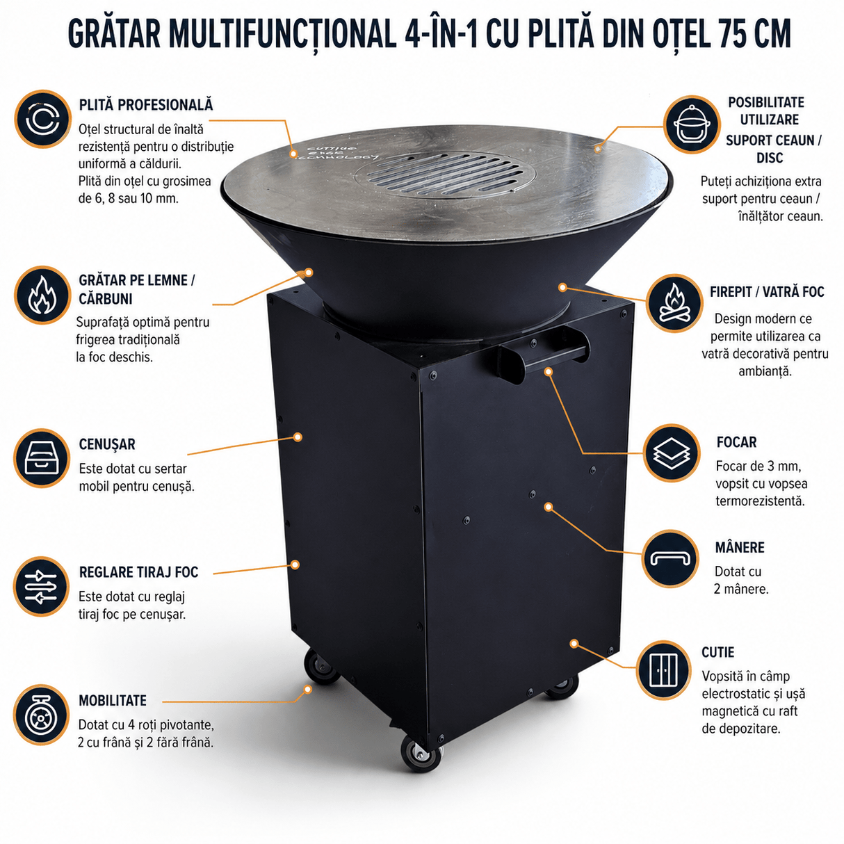 Gratar Rotund de gradina 107cm|diametru 75 cm| fire pit cu Plita rotunda 6/8/10 mm Otel dur - BUZ.RO