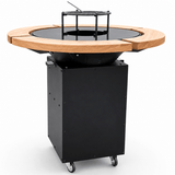 Gratar Rotund Gradina 107cm|diametru Plita 75 cm| grosime 8/10 mm cu reglare tiraj si tavita cenusa blat de lemn - BUZ.RO