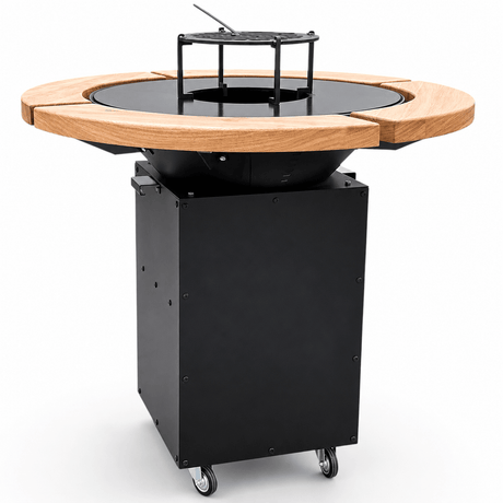 Gratar Rotund Gradina 107cm|diametru Plita 75 cm| grosime 8/10 mm cu reglare tiraj si tavita cenusa blat de lemn - BUZ.RO