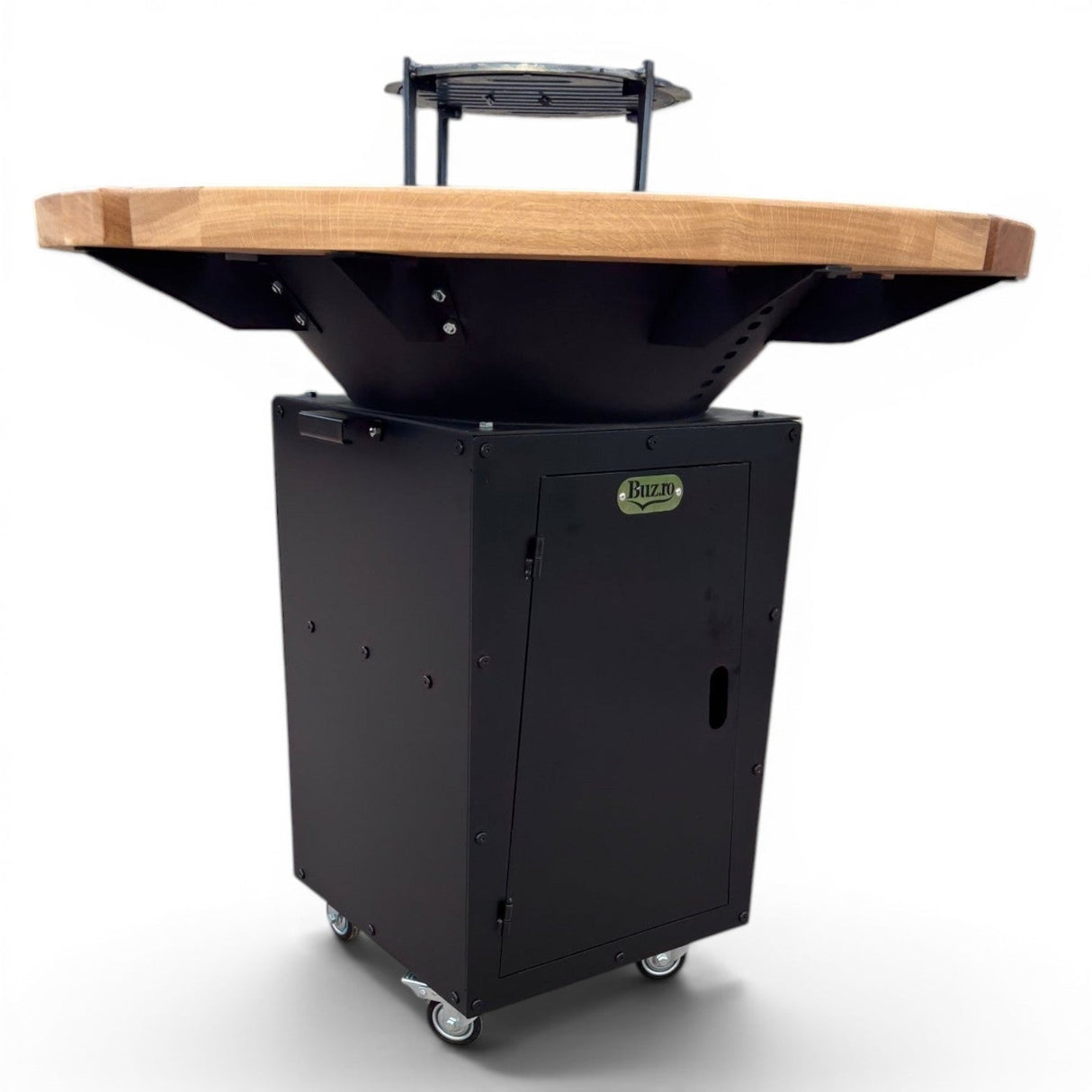 Gratar Rotund Gradina 107cm|diametru Plita 75 cm| grosime 8/10 mm cu reglare tiraj si tavita cenusa blat de lemn - BUZ.RO