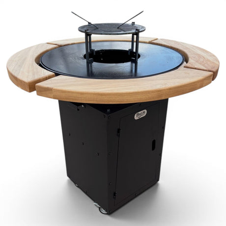 Gratar Rotund Gradina 107cm|diametru Plita 75 cm| grosime 8/10 mm cu reglare tiraj si tavita cenusa blat de lemn - BUZ.RO