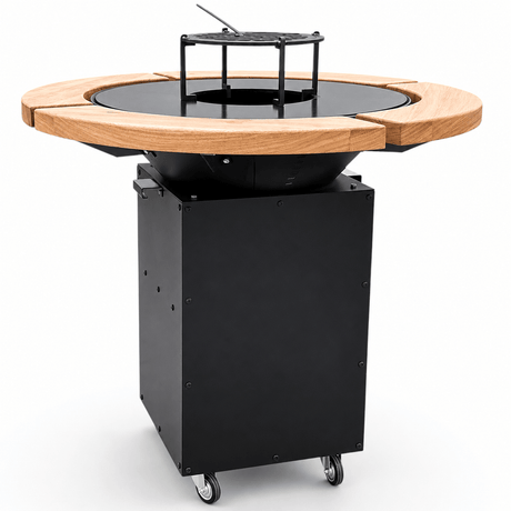 Gratar Rotund Gradina 107cm|diametru Plita 75 cm| grosime 8/10 mm cu reglare tiraj si tavita cenusa blat de lemn - BUZ.RO