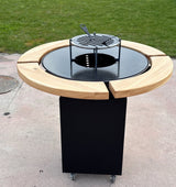 Gratar Rotund Gradina 107cm|diametru Plita 75 cm| grosime 8/10 mm cu reglare tiraj si tavita cenusa blat de lemn - BUZ.RO