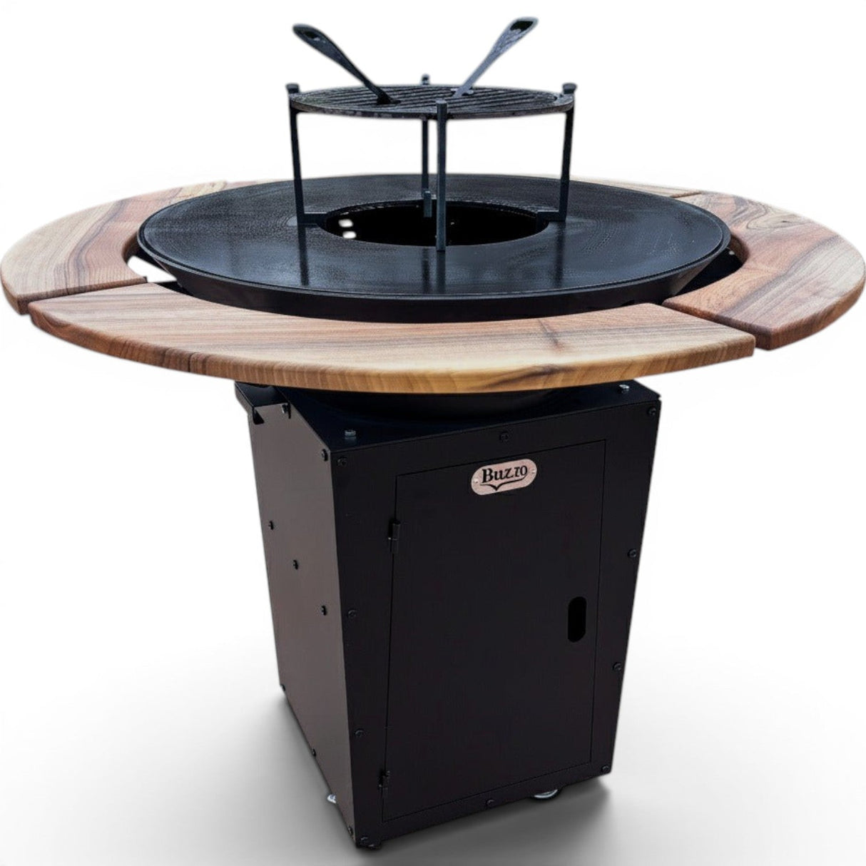Gratar Rotund Gradina 107cm|diametru Plita 75 cm| grosime 8/10 mm cu reglare tiraj si tavita cenusa blat de lemn - BUZ.RO