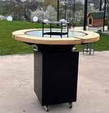 Gratar Rotund Gradina 107cm|diametru Plita 75 cm| grosime 8/10 mm cu reglare tiraj si tavita cenusa blat de lemn - BUZ.RO