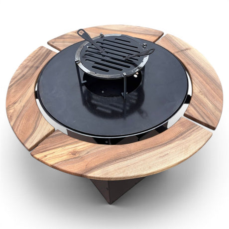 Gratar Rotund Gradina 107cm|diametru Plita 75 cm| grosime 8/10 mm cu reglare tiraj si tavita cenusa blat de lemn - BUZ.RO