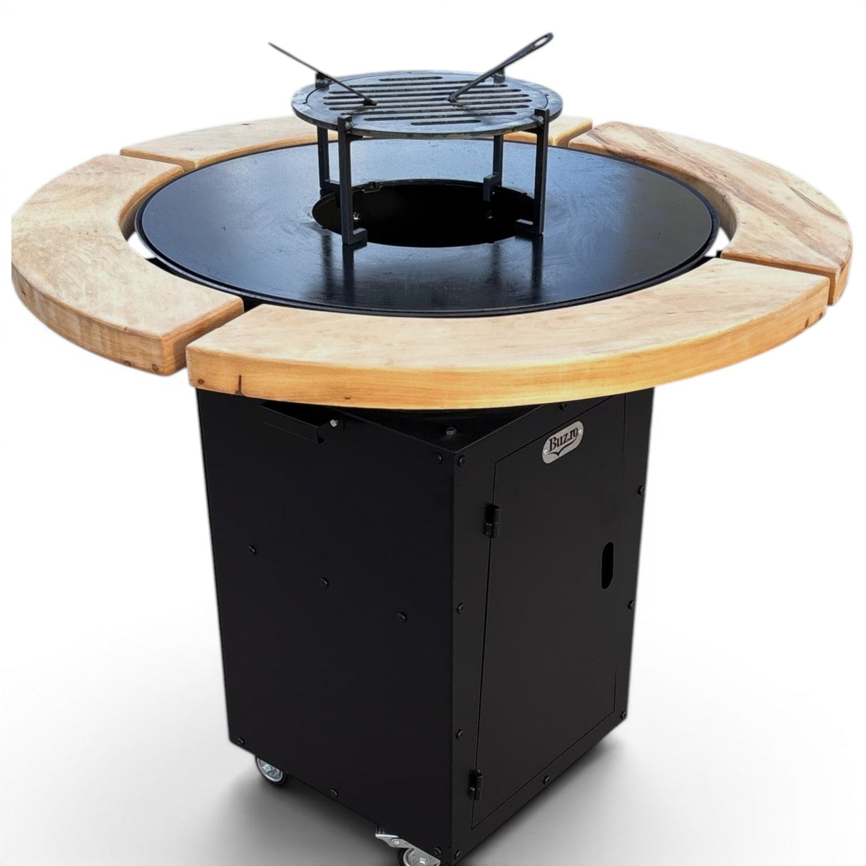 Gratar Rotund Gradina 107cm|diametru Plita 75 cm| grosime 8/10 mm cu reglare tiraj si tavita cenusa blat de lemn - BUZ.RO