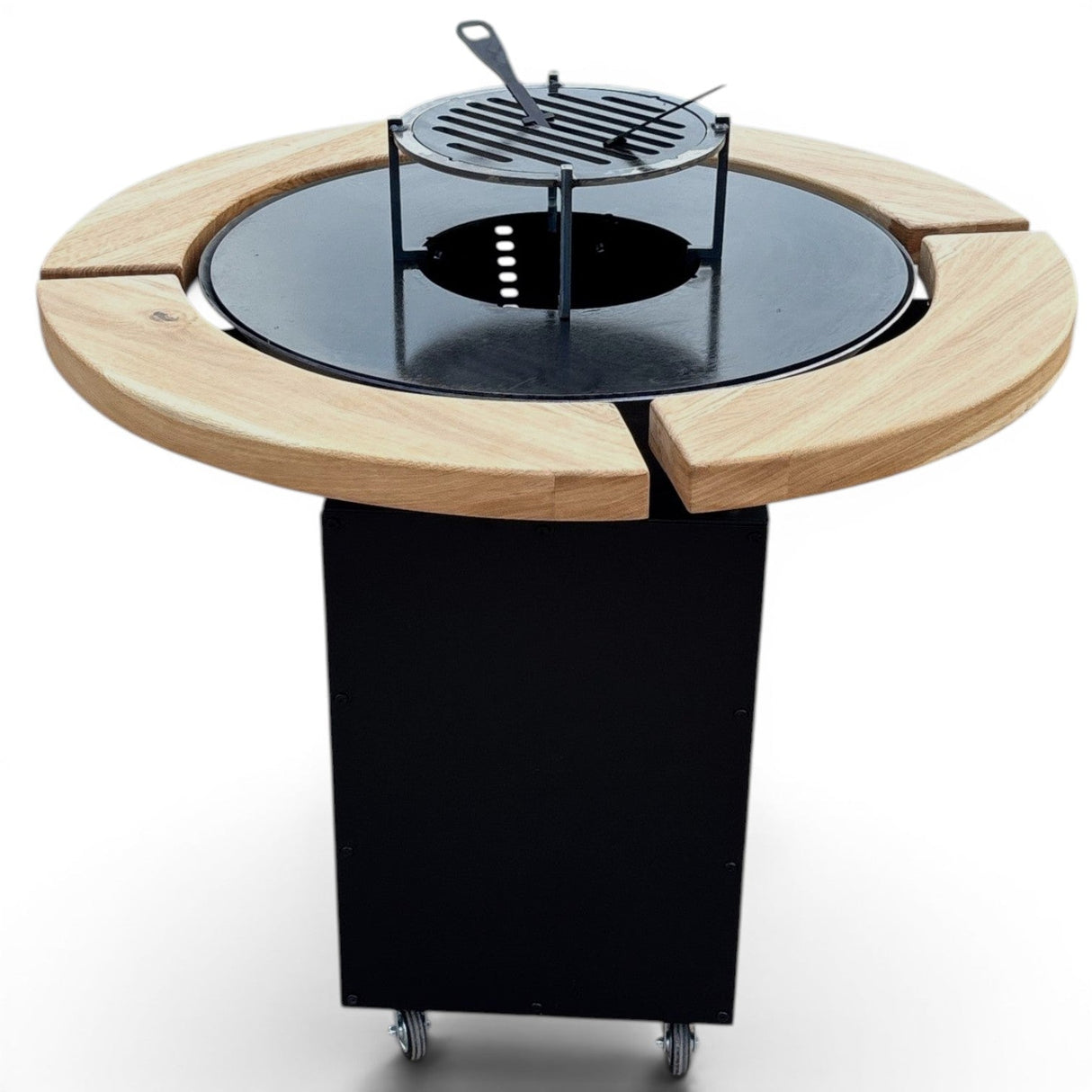 Gratar Rotund Gradina 107cm|diametru Plita 75 cm| grosime 8/10 mm cu reglare tiraj si tavita cenusa blat de lemn - BUZ.RO