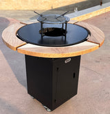 Gratar Rotund Gradina 107cm|diametru Plita 75 cm| grosime 8/10 mm cu reglare tiraj si tavita cenusa blat de lemn - BUZ.RO