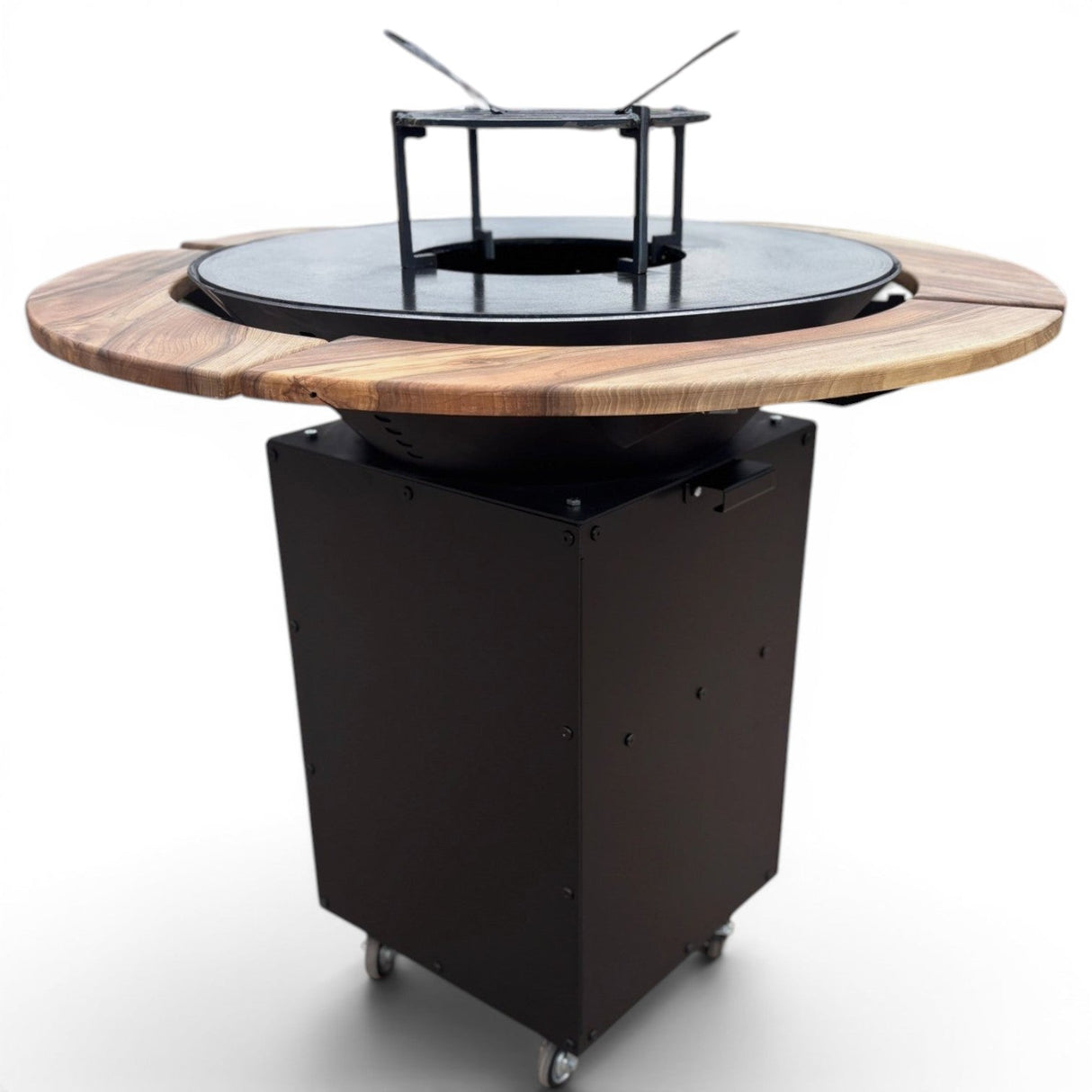 Gratar Rotund Gradina 107cm|diametru Plita 75 cm| grosime 8/10 mm cu reglare tiraj si tavita cenusa blat de lemn - BUZ.RO