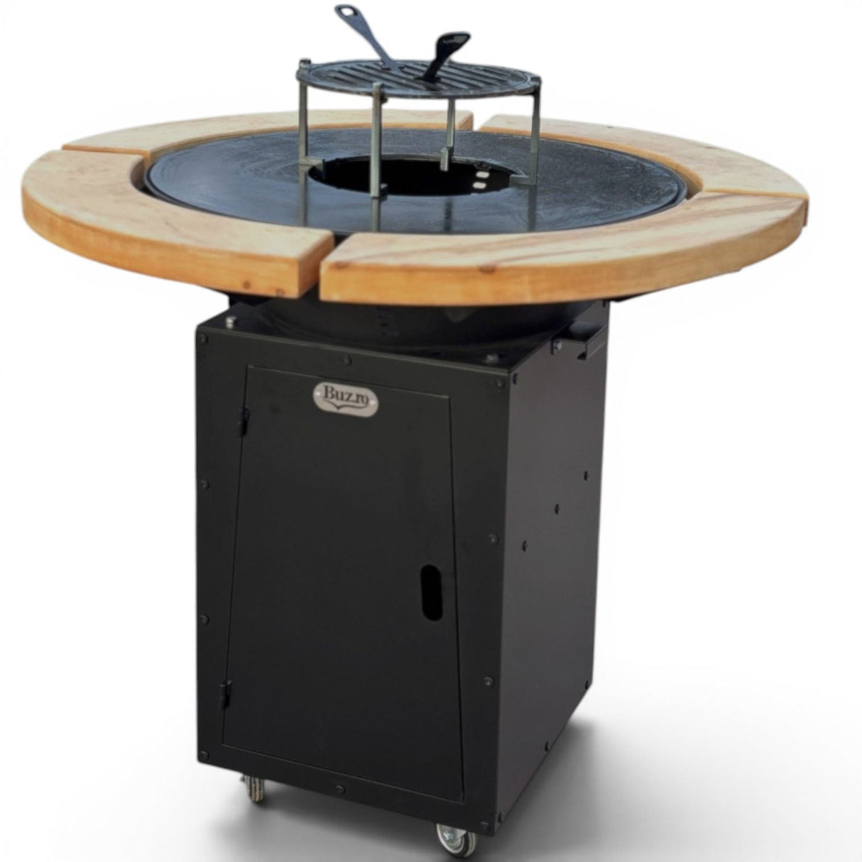 Gratar Rotund Gradina 107cm|diametru Plita 75 cm| grosime 8/10 mm cu reglare tiraj si tavita cenusa blat de lemn - BUZ.RO
