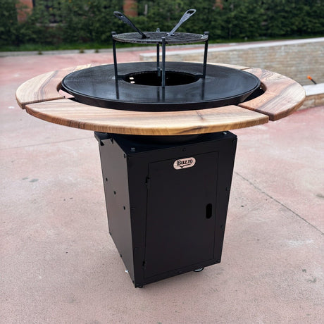 Gratar Rotund Gradina 107cm|diametru Plita 75 cm| grosime 8/10 mm cu reglare tiraj si tavita cenusa blat de lemn - BUZ.RO