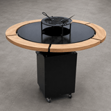Gratar Rotund Gradina 127cm|diametru Plita 95 cm| grosime 8/10 mm cu reglare tiraj si tavita cenusa blat de lemn - BUZ.RO