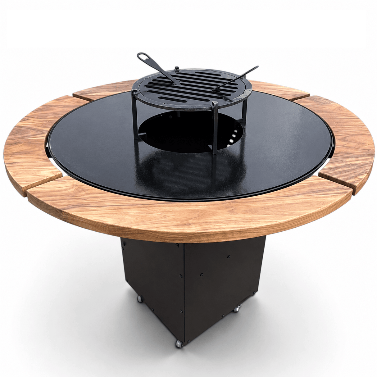 Gratar Rotund Gradina 127cm|diametru Plita 95 cm| grosime 8/10 mm cu reglare tiraj si tavita cenusa blat de lemn - BUZ.RO