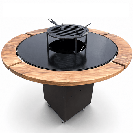 Gratar Rotund Gradina 127cm|diametru Plita 95 cm| grosime 8/10 mm cu reglare tiraj si tavita cenusa blat de lemn - BUZ.RO