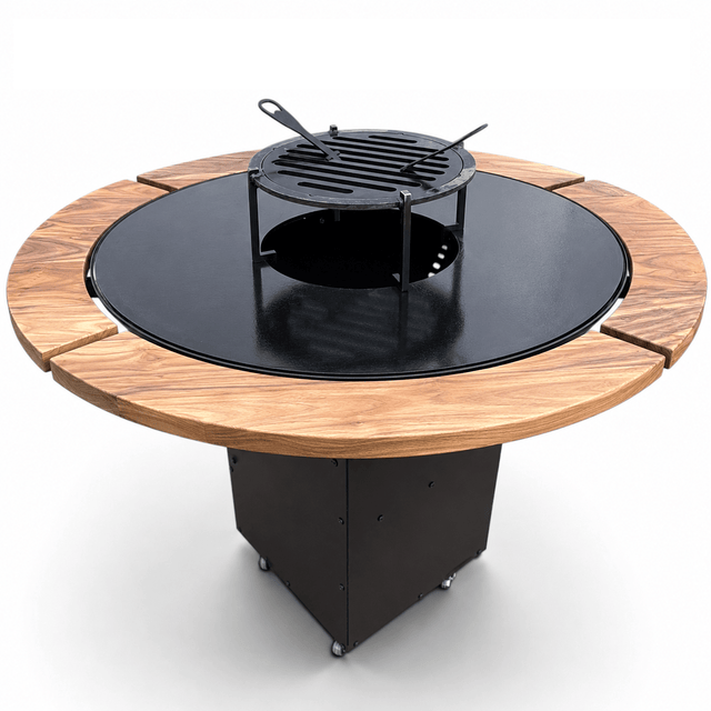 Gratar Rotund Gradina 127cm|diametru Plita 95 cm| grosime 8/10 mm cu reglare tiraj si tavita cenusa blat de lemn - BUZ.RO