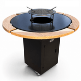 Gratar Rotund Gradina 127cm|diametru Plita 95 cm| grosime 8/10 mm cu reglare tiraj si tavita cenusa blat de lemn - BUZ.RO