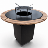 Gratar Rotund Gradina 127cm|diametru Plita 95 cm| grosime 8/10 mm cu reglare tiraj si tavita cenusa blat de lemn - BUZ.RO
