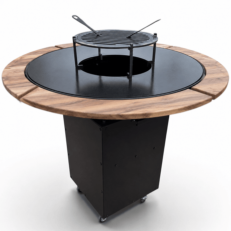 Gratar Rotund Gradina 127cm|diametru Plita 95 cm| grosime 8/10 mm cu reglare tiraj si tavita cenusa blat de lemn - BUZ.RO