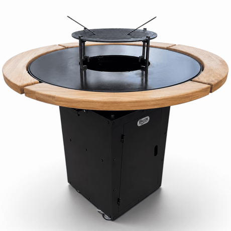 Gratar Rotund Gradina 127cm|diametru Plita 95 cm| grosime 8/10 mm cu reglare tiraj si tavita cenusa blat de lemn - BUZ.RO