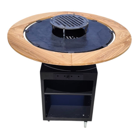 Gratar Rotund Gradina|diametru Plita 75 cm| grosime 8/10 mm cu reglare tiraj si tavita cenusa blat de lemn LM - BUZ.RO