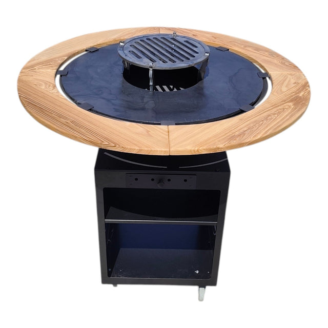Gratar Rotund Gradina|diametru Plita 75 cm| grosime 8/10 mm cu reglare tiraj si tavita cenusa blat de lemn LM - BUZ.RO