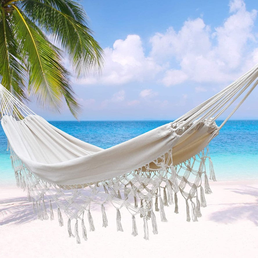 Hamac dublu gradina sau terasa, din bumbac, cu franjuri 200x150 cm, saculet transport, stil boho