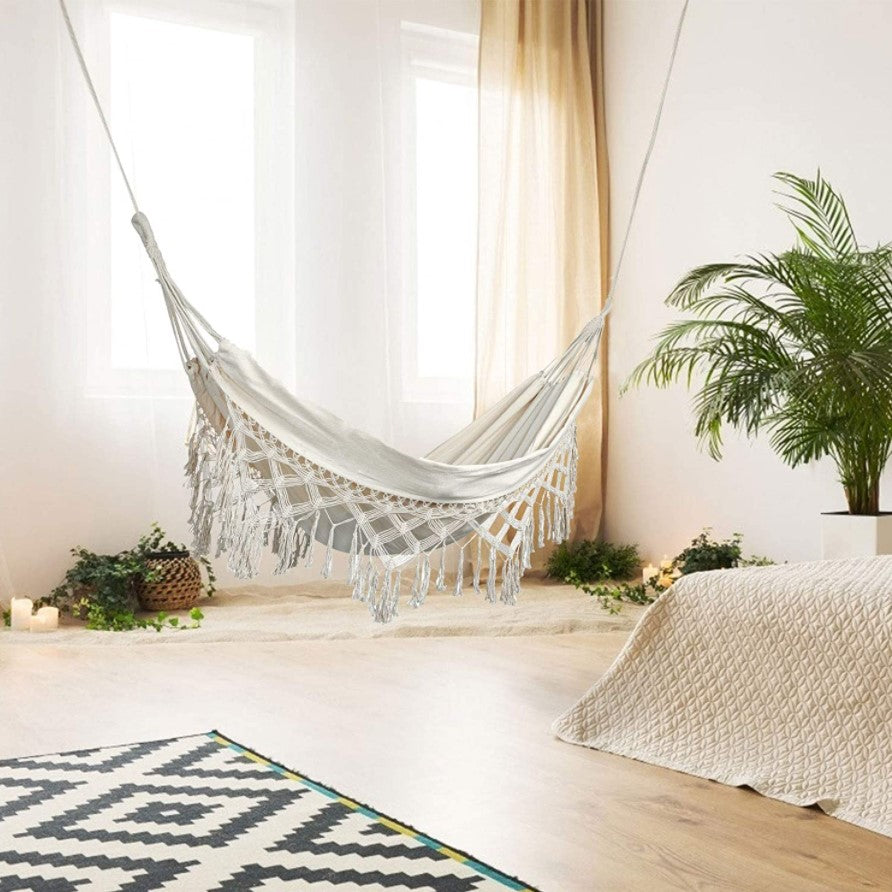 Hamac dublu gradina sau terasa, din bumbac, cu franjuri 200x150 cm, saculet transport, stil boho