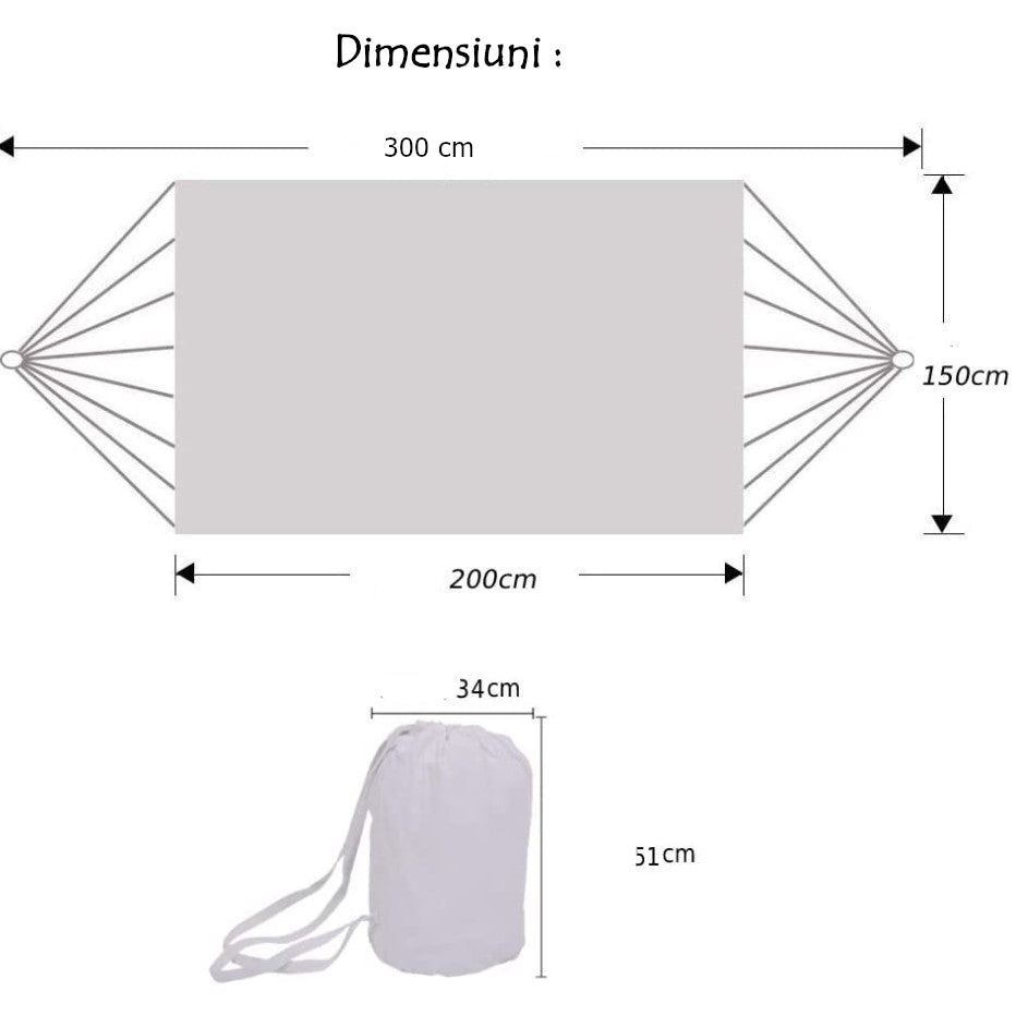 Hamac dublu gradina sau terasa, din bumbac, cu franjuri 200x150 cm, saculet transport, stil boho